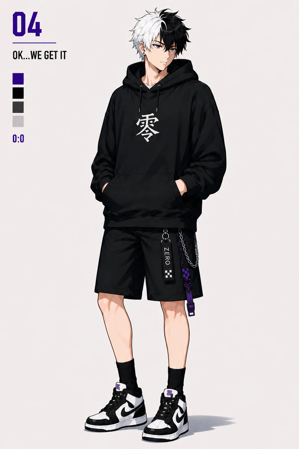 Full-length Era IV character design of ZER:0 wearing a black 零 hoodie, black shorts, purple hardware, and black-and-white high-top sneakers beside the 04 OK… WE GET IT identity system.