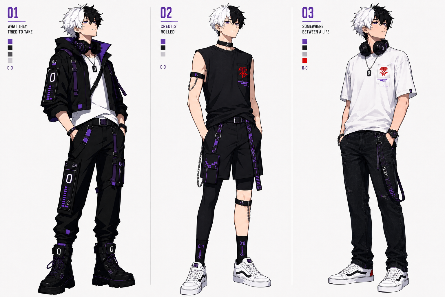 Three full-body designs of ZER:0 evolving across the trilogy: an armored black-and-violet technical outfit for What They Tried to Take, a stripped-down sleeveless black look with a red zero mark for Credits Rolled, and a looser white shirt with black jeans for Somewhere Between a Life.