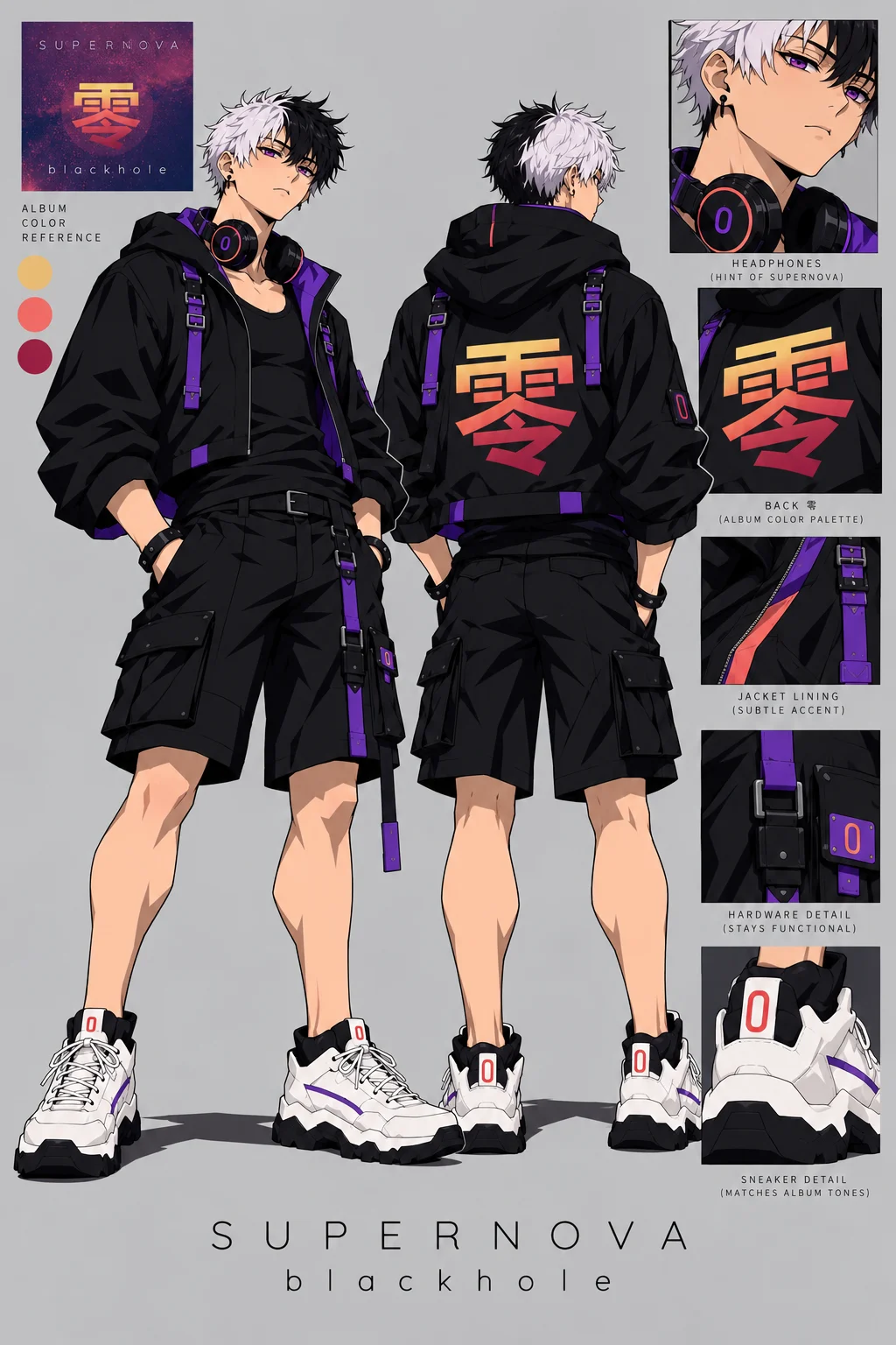 Era 5 character sheet of ZER:0: split black-and-white hair, violet eyes, black hooded jacket and shorts, violet straps, gold-to-red 零, headphones, and white sneakers.