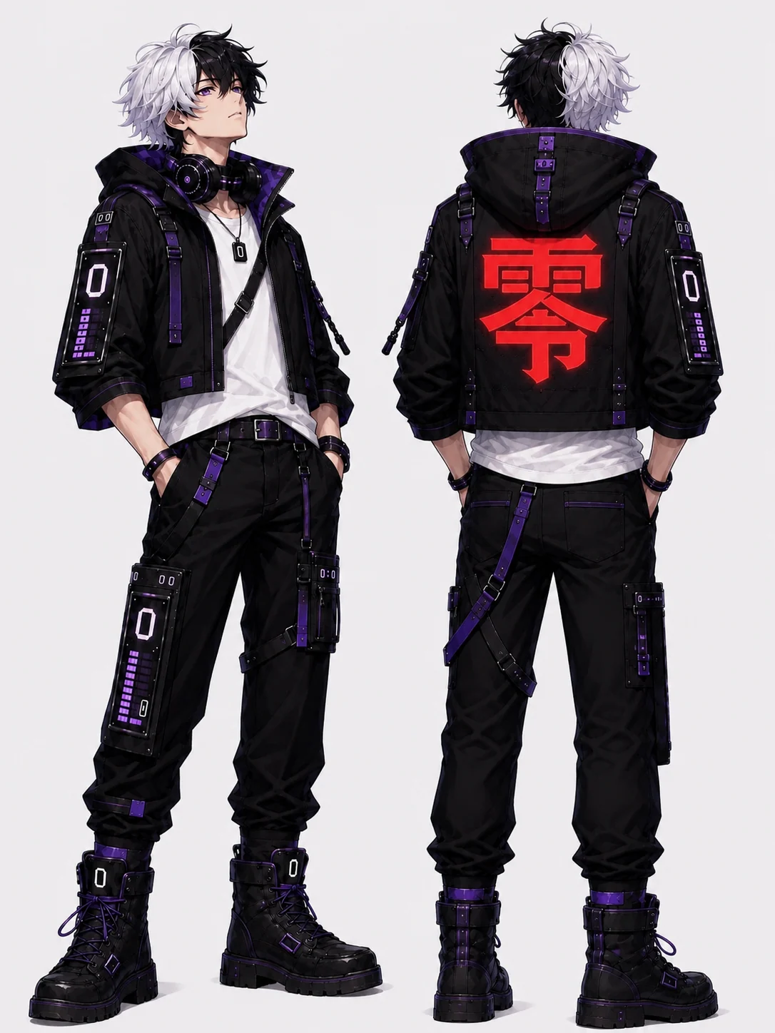 Front-and-back character design of ZER:0 in a cropped black jacket and strapped black trousers, with a large red 零 on the back.