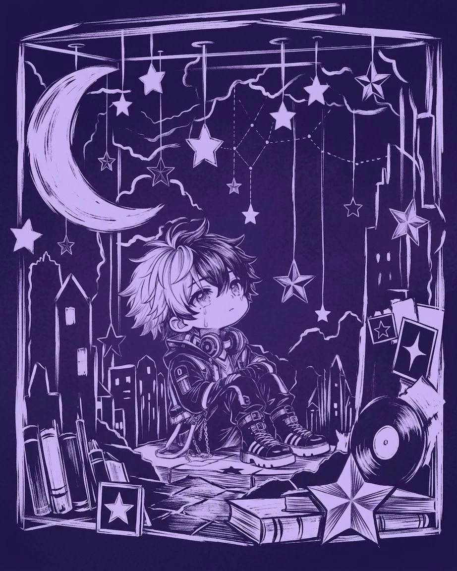 Photographed violet-and-white illustration of chibi ZER:0 sitting among books and records beneath a hanging moon and stars, with a city silhouette behind him.