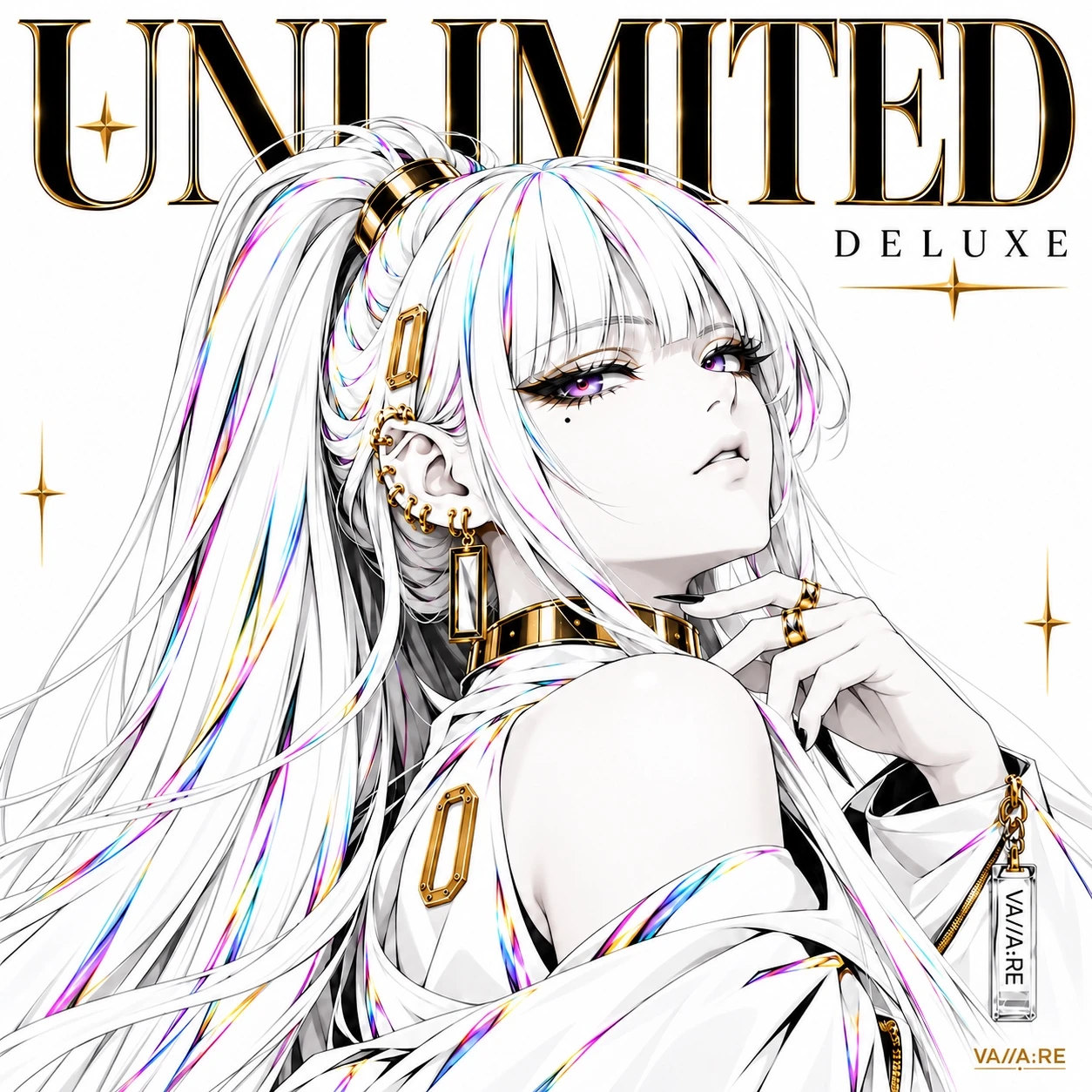 UNLIMITED DELUXE album cover: VA//A:RE with a white high ponytail, violet eyes, gold jewellery and iridescent strands, beneath black-and-gold lettering.