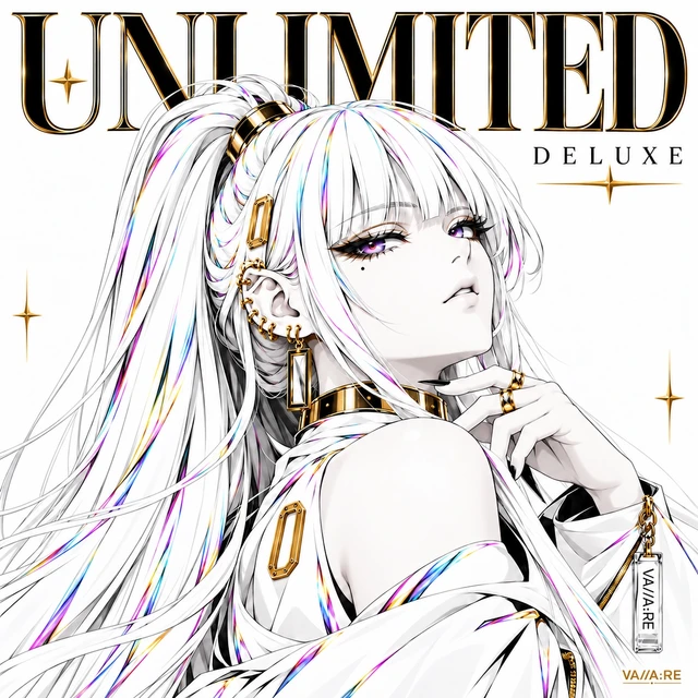 UNLIMITED DELUXE: VA//A:RE with white hair, violet eyes, gold jewellery, and iridescent details.